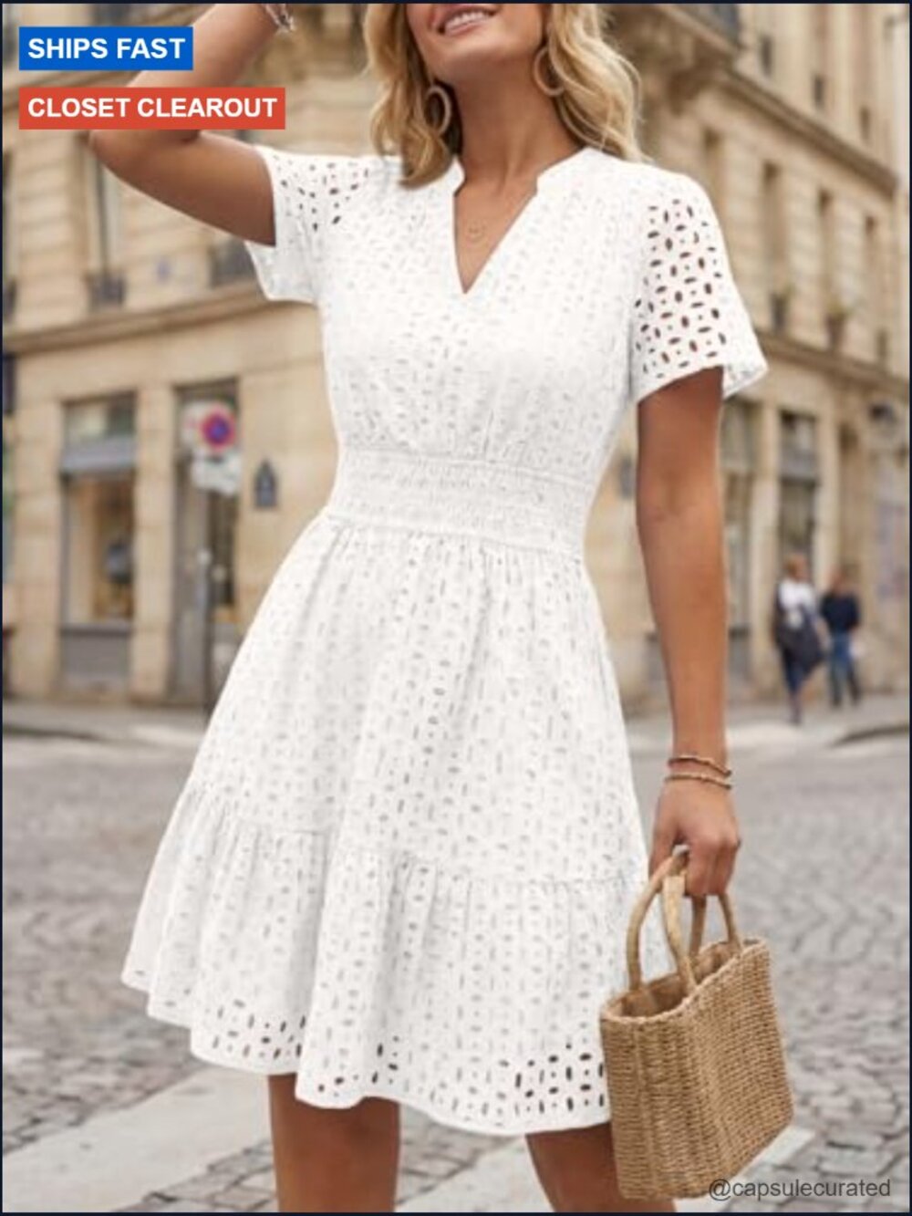 Mini Eyelet Lace A-Line Dress V Neck Smocked Waist Short Sleeve Beach Casual - Picture 2 of 6